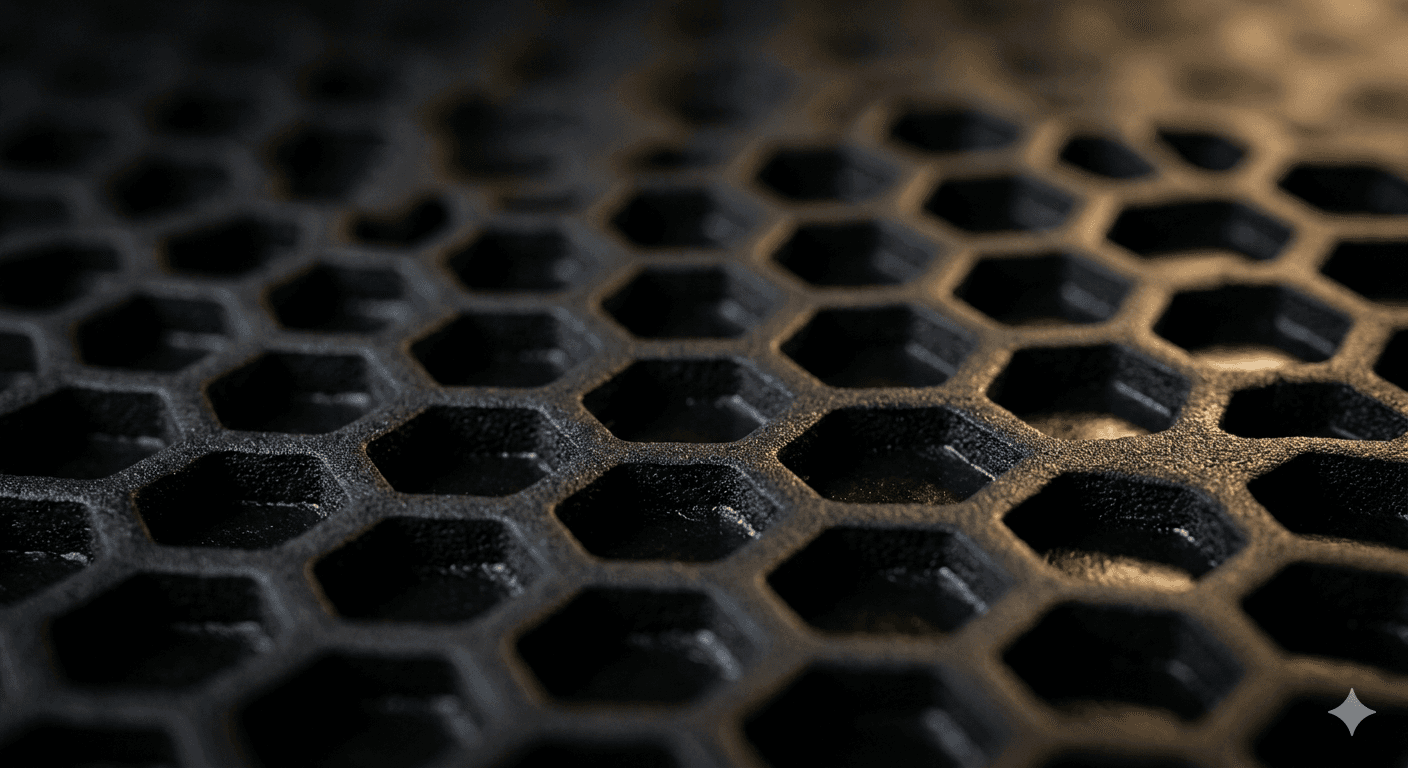 Extreme macro of the premium black EVA foam surface — crisp hexagonal honeycomb cells catching warm gold rim-light from the side