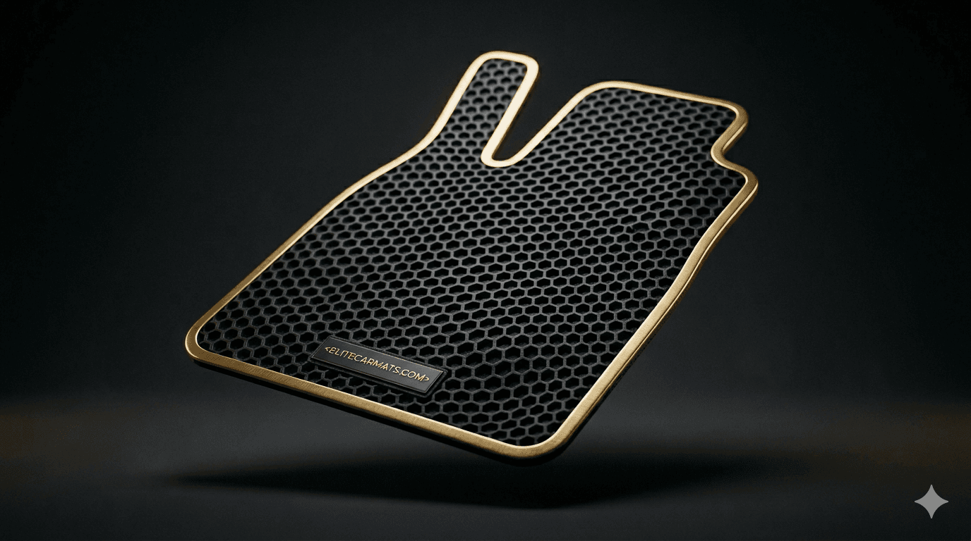 Premium black EVA car mat with honeycomb texture and gold edging, ELITECARMATS.COM brand tag stitched on the side